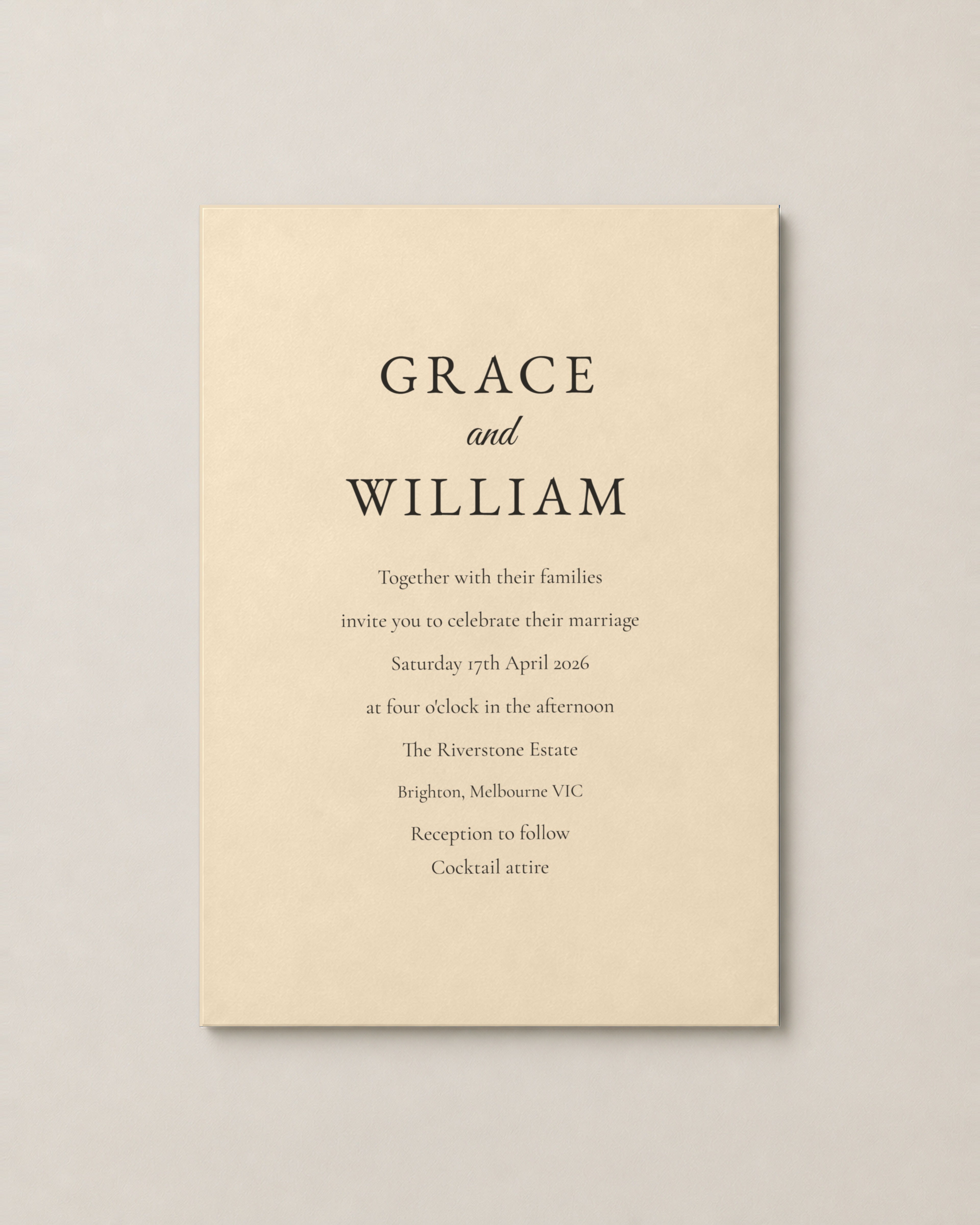The Estelle wedding invitation, personalised and printed in Australia