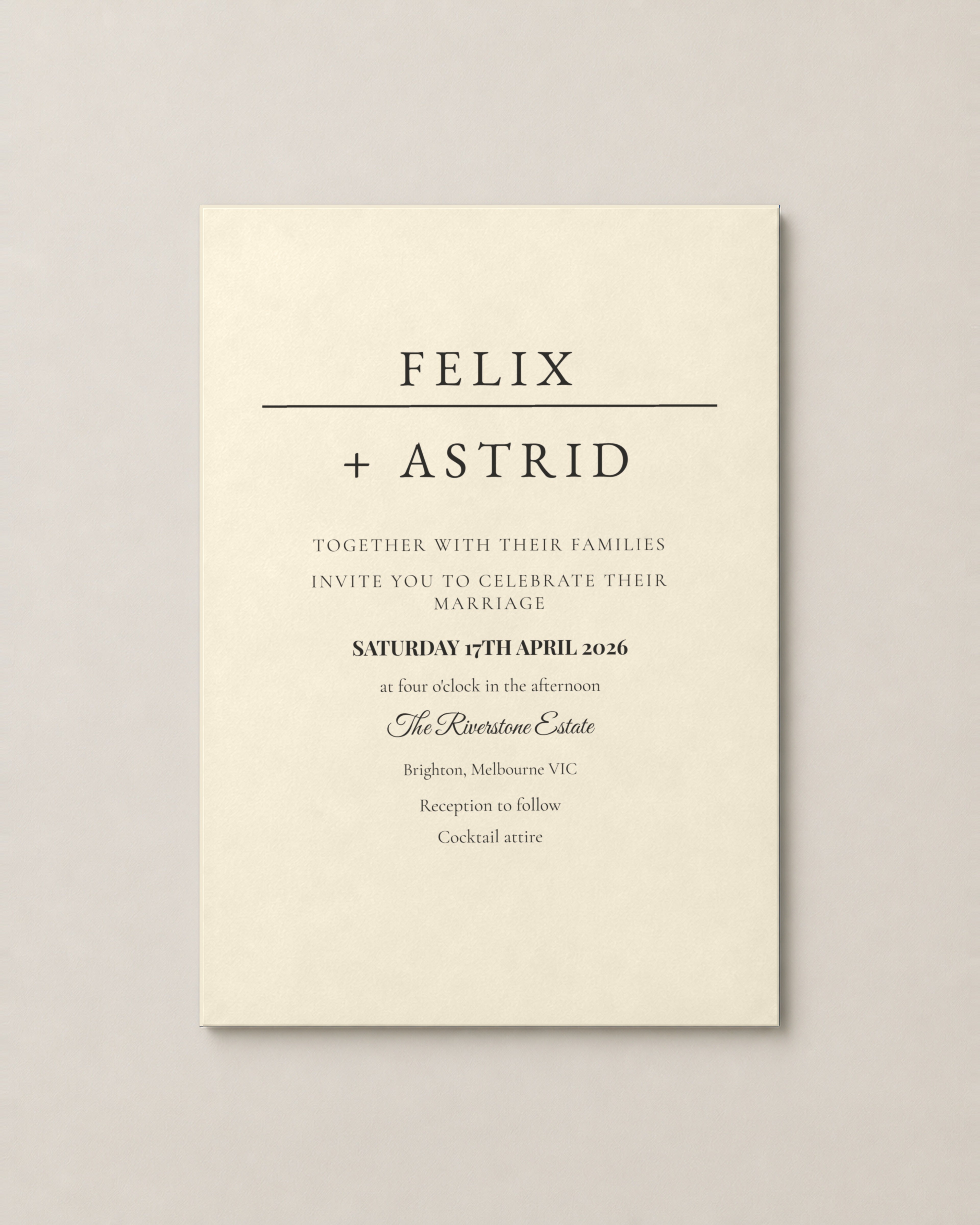 The Winslow wedding invitation, personalised and printed in Australia